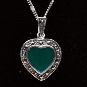 Silver Chrysoprase Marcasite Heart Necklace